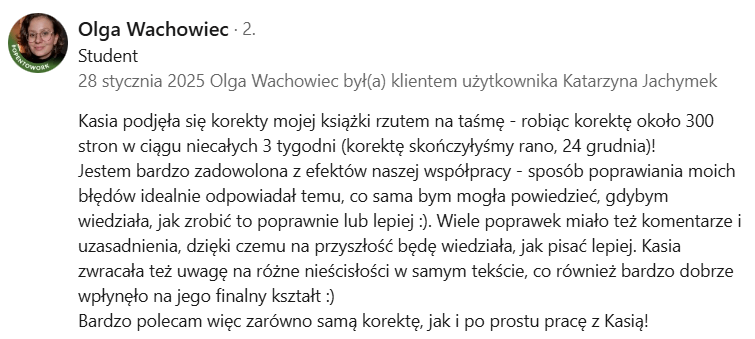 Opinia Olgi Wachowiec na temat współpracy przy korekcie e-booka.