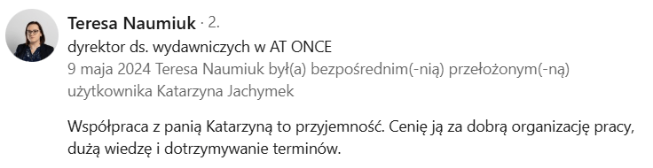 Opinia Teresy Naumiuk na temat współpracy przy redakcji i korekcie tekstów.